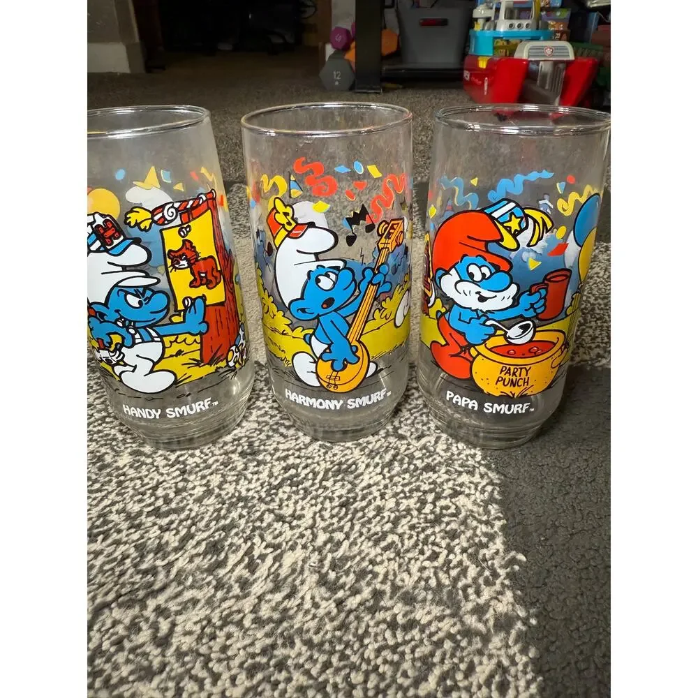 Smurf peyo 1983 set of 3‎ glasses handy harmony papa collectable vintage cartoon - Picture 5 of 6